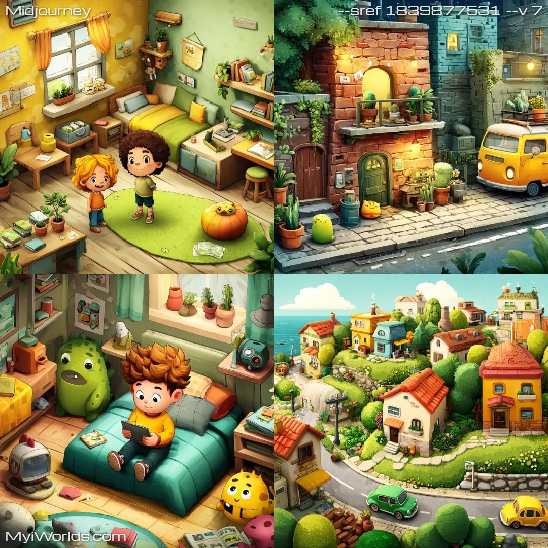 Cartoonish stylization with a cozy, warm atmosphere featuring vibrant colors.