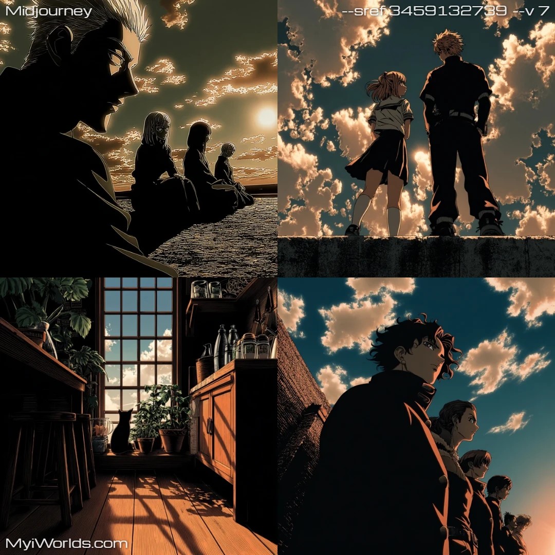 Photorealistic anime with high contrast in dark tones, minimalist backgrounds.