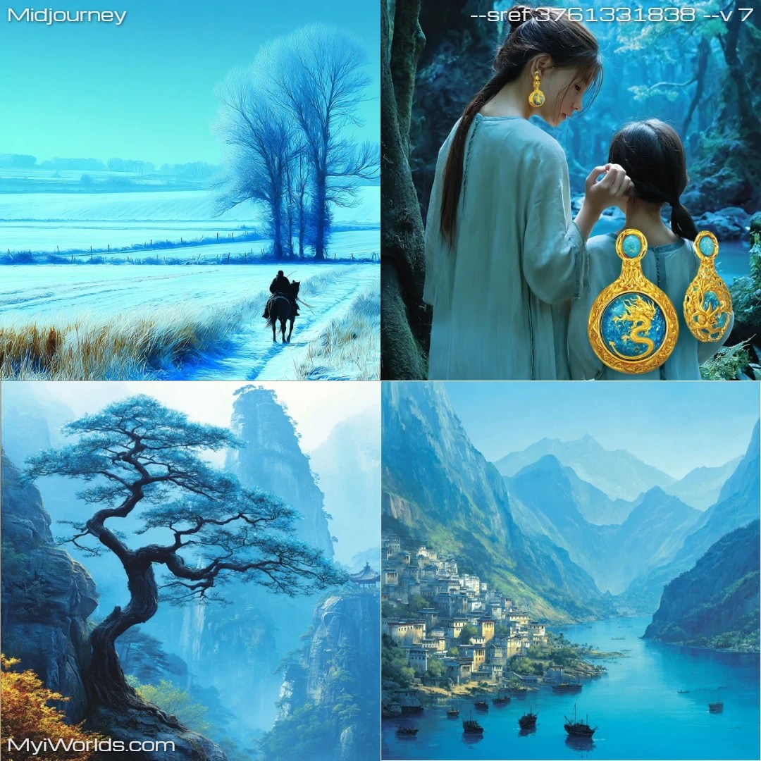 Realistic art with blue tones, showcasing a mystical landscape scene.