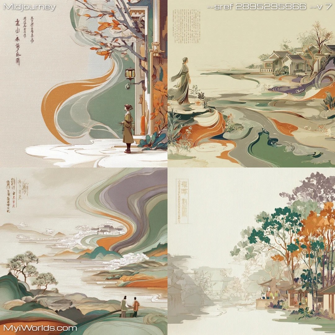 Traditional-painting-style-with-detailed-landscaping,-depicting-a-serene-natural-setting-under-cool-lighting.