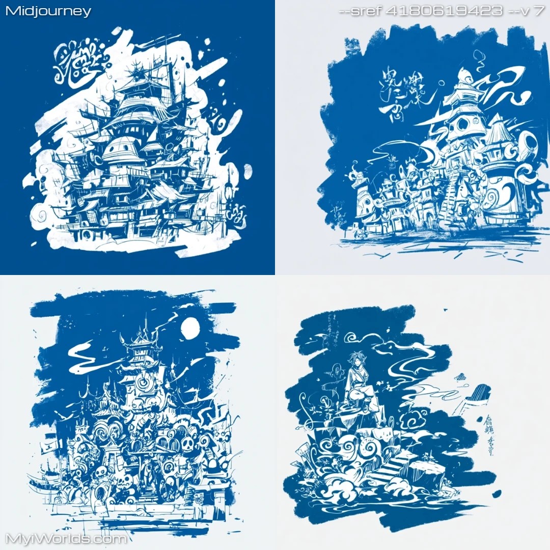Blue ink sketch of isometric, abstract architecture.