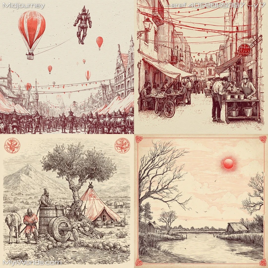 Monochromatic woodcut print with limited colors, showcasing perspective.