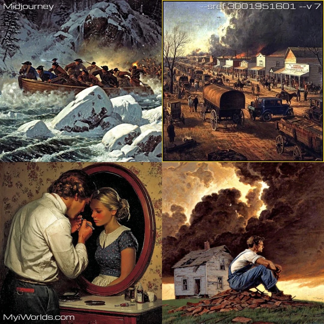 High-contrast oil painting with dramatic narrative elements.