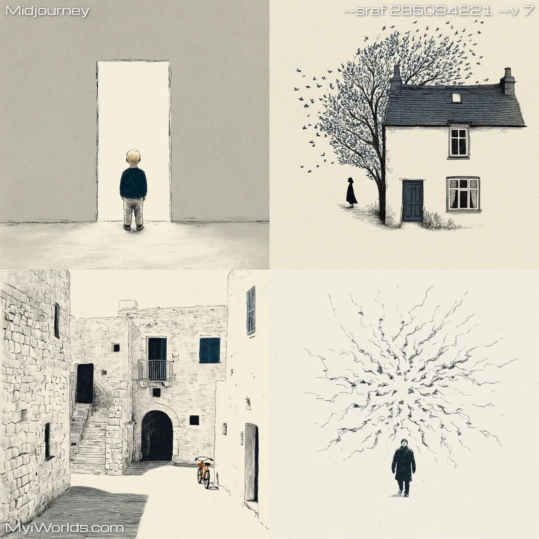 Mixed media art with textured layers and monochromatic color palette.