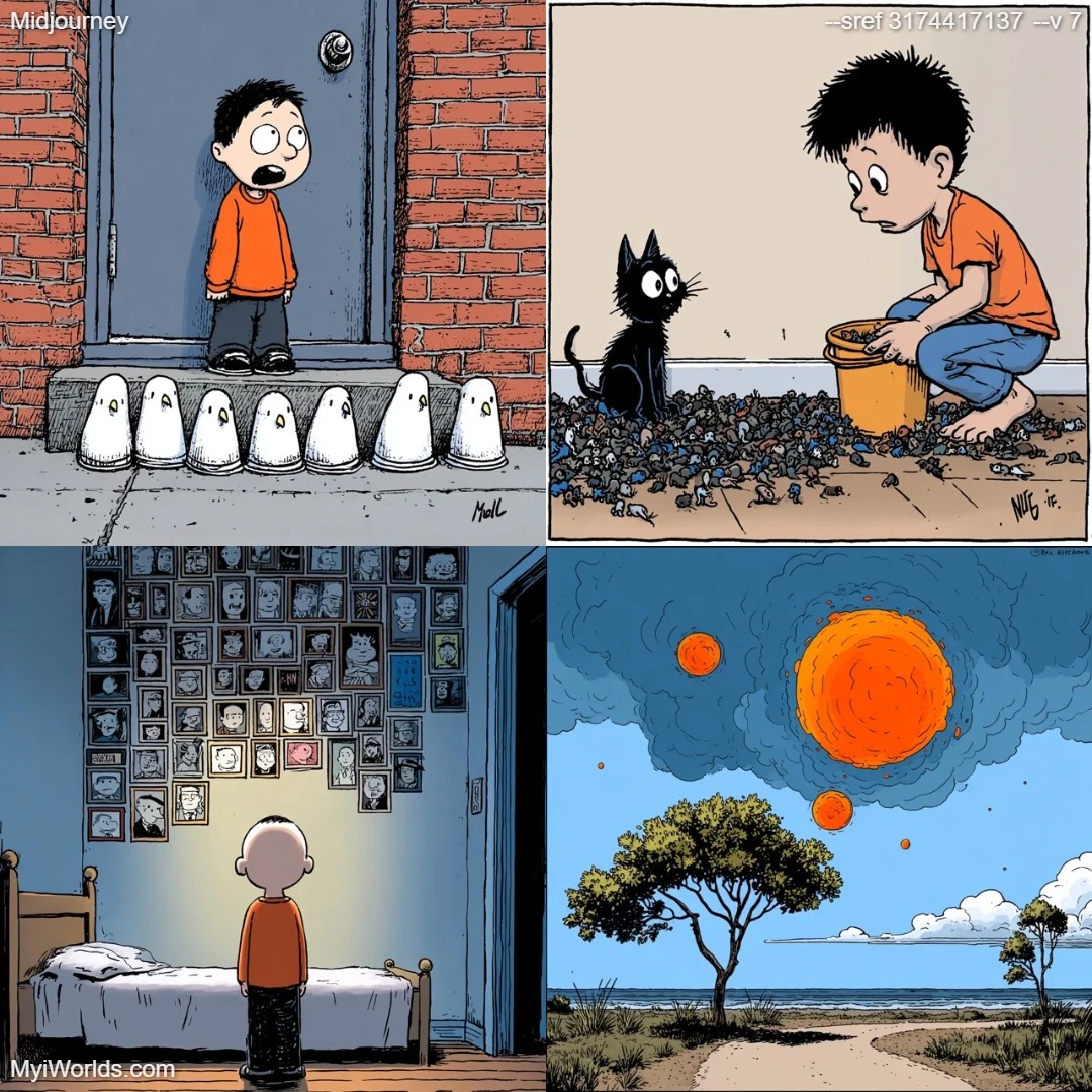 Comic book art with flat, monochromatic colors, realistic proportions and linear perspective.