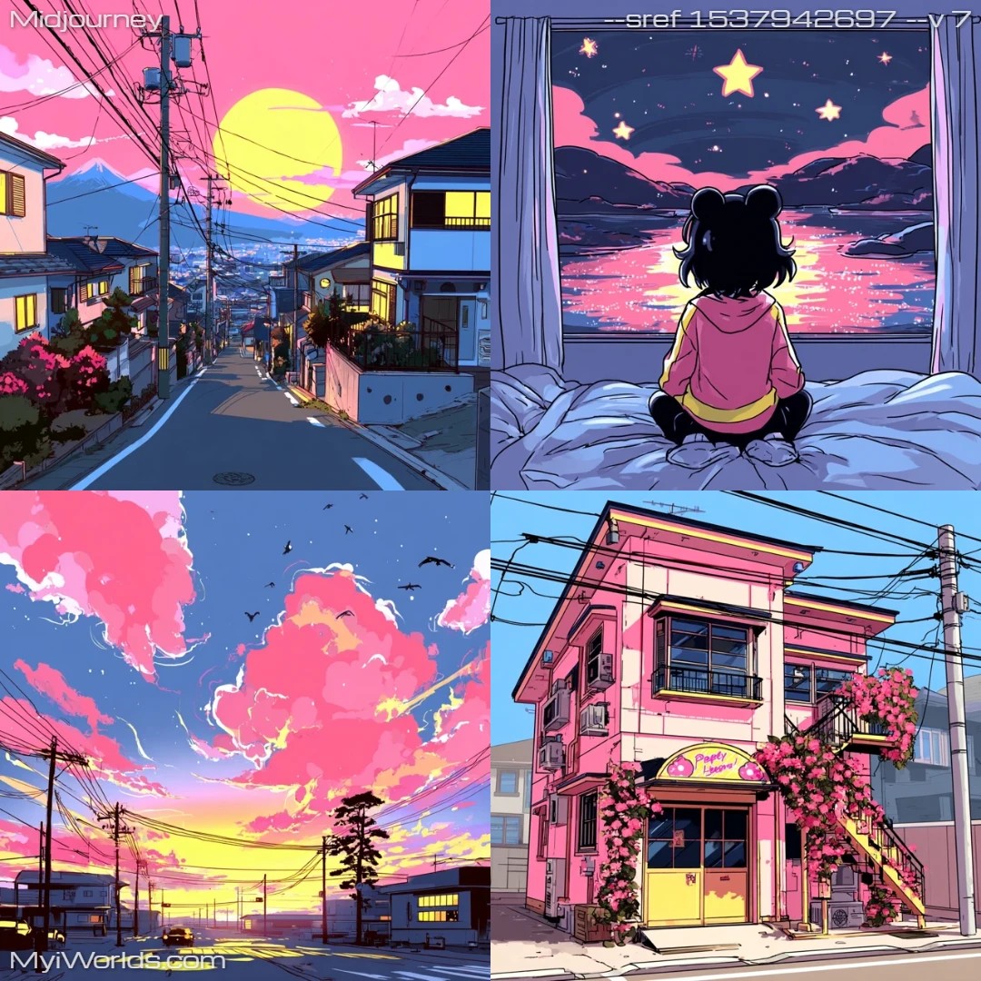 Dreamlike urban nightscape with warm tones and nocturnal atmosphere.