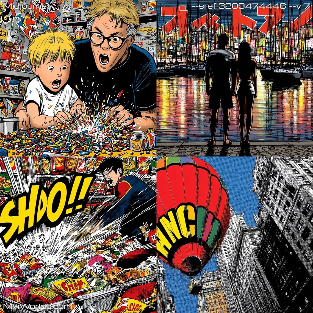 Hyper-realistic comic book art with high contrast urban scene.