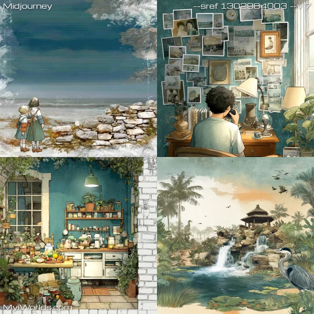 Digital art with a realistic style, featuring a muted color palette and varied light sources on the photographs.