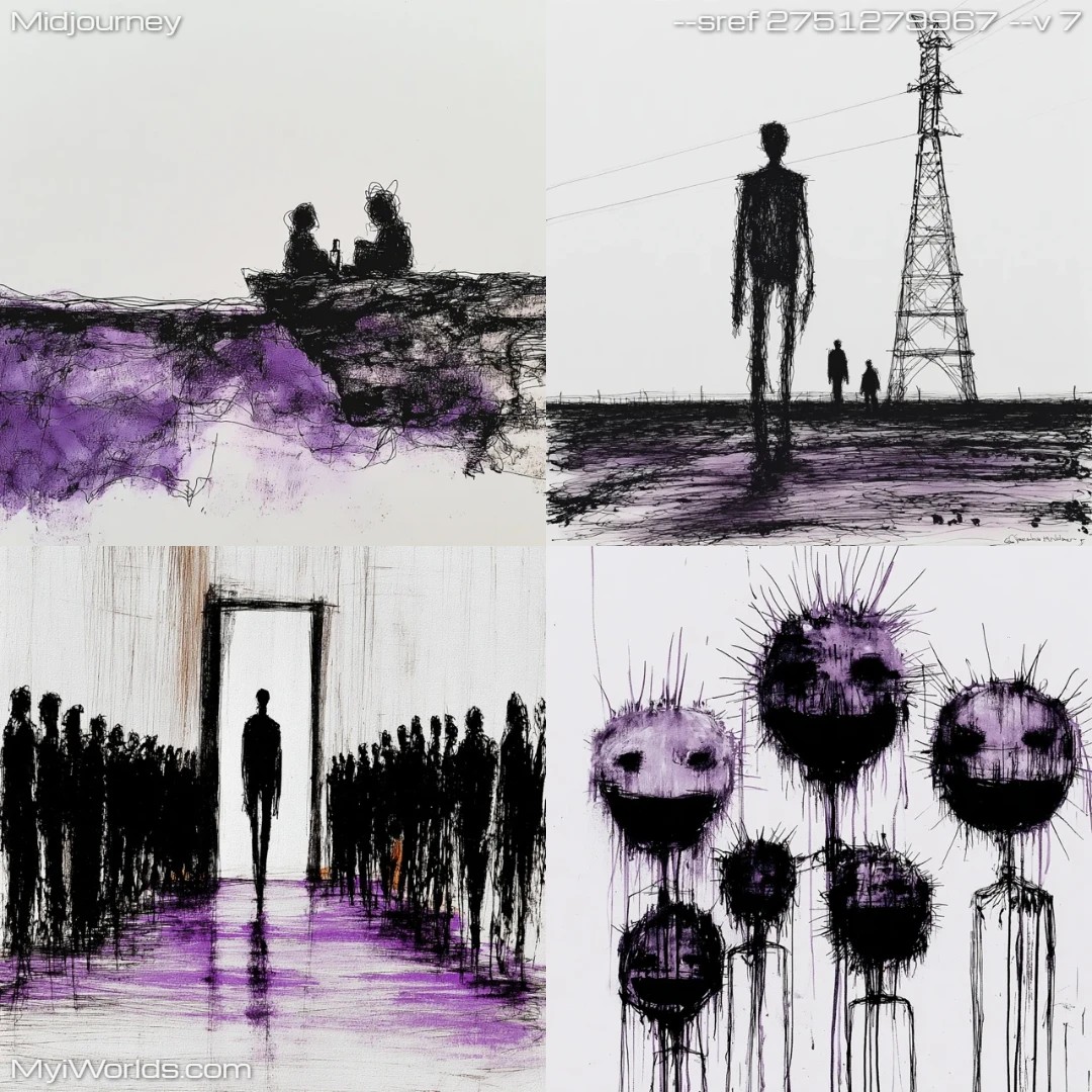 High-contrast, monochromatic expressionistic mixed media art with a surrealistic, urban dystopian atmosphere and minimalistic themes of isolation.