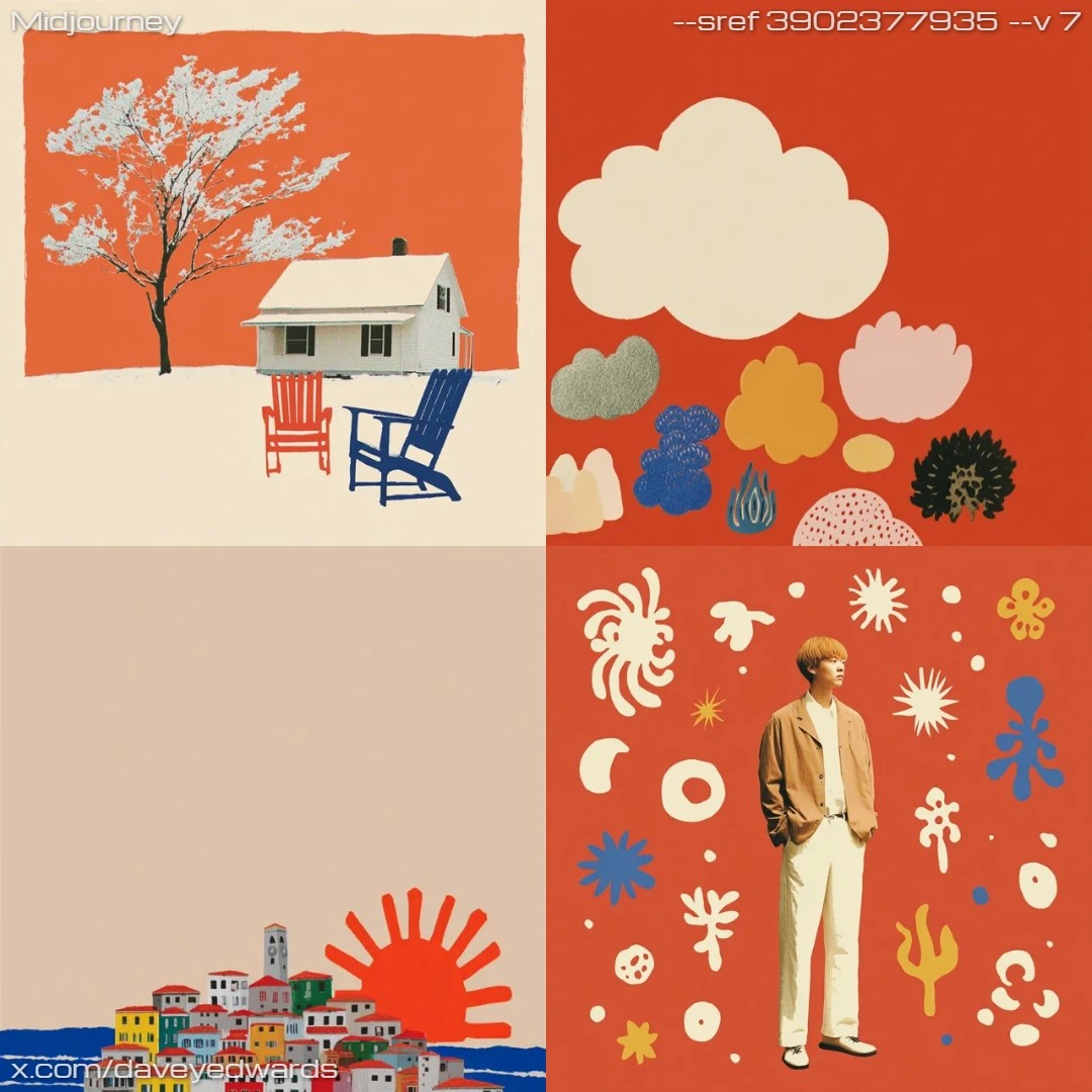 Modern graphic art with limited color palette, emphasizing bold shapes and abstract designs.