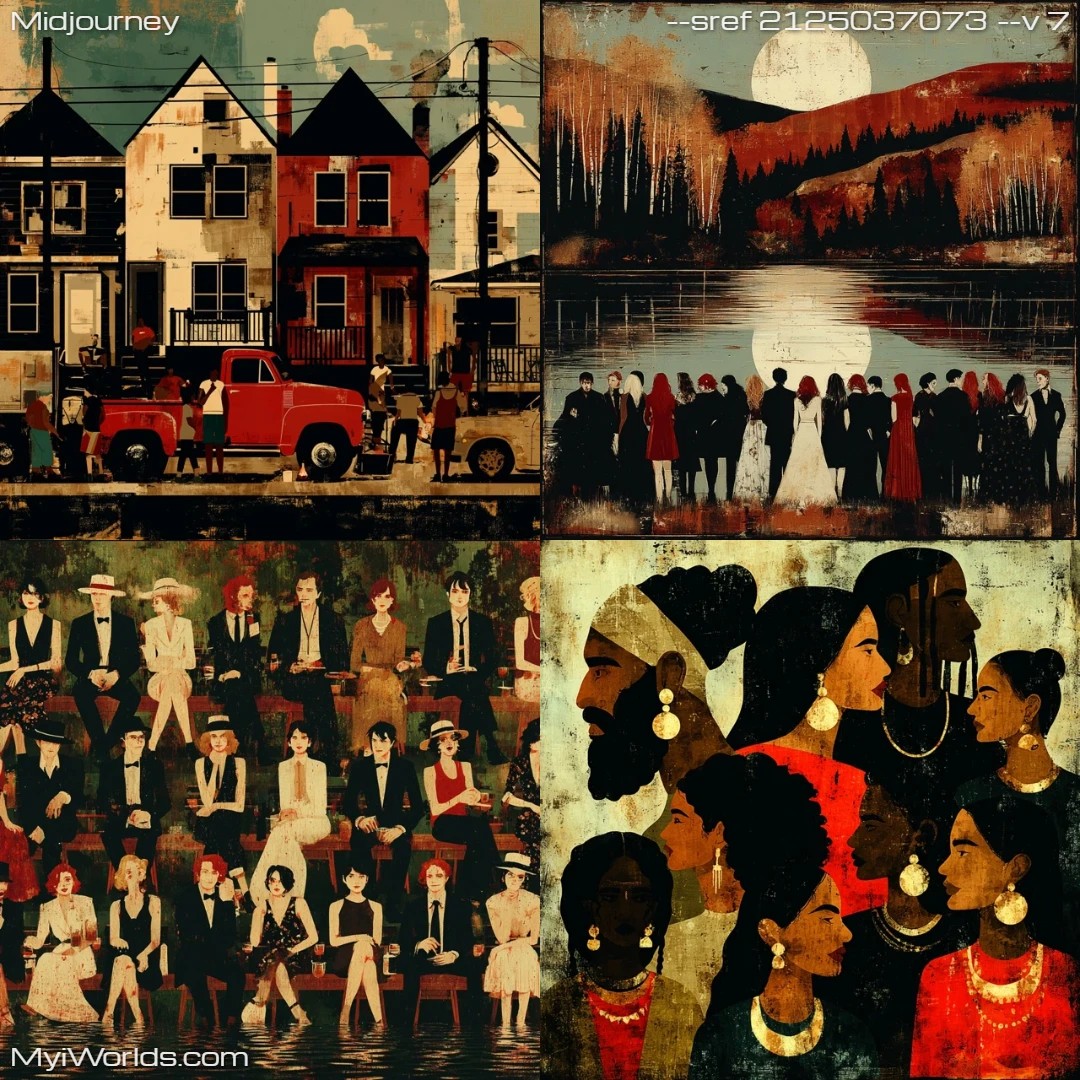 Realistic figurative painting with detailed social commentary elements.