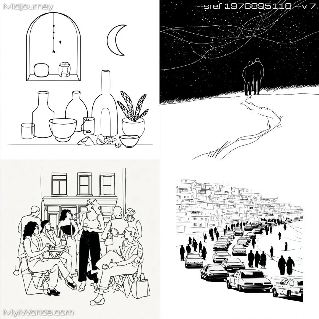 Black-and-white graphic illustration with a stylized, possibly comic art style.