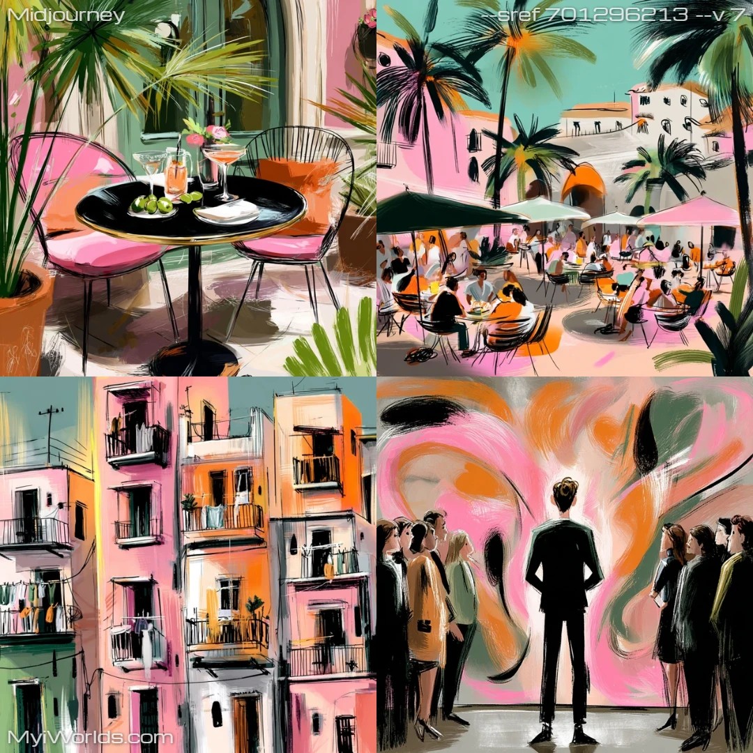 Surrealistic colorful figurative city-scape with bold outlines and a dreamy atmosphere.