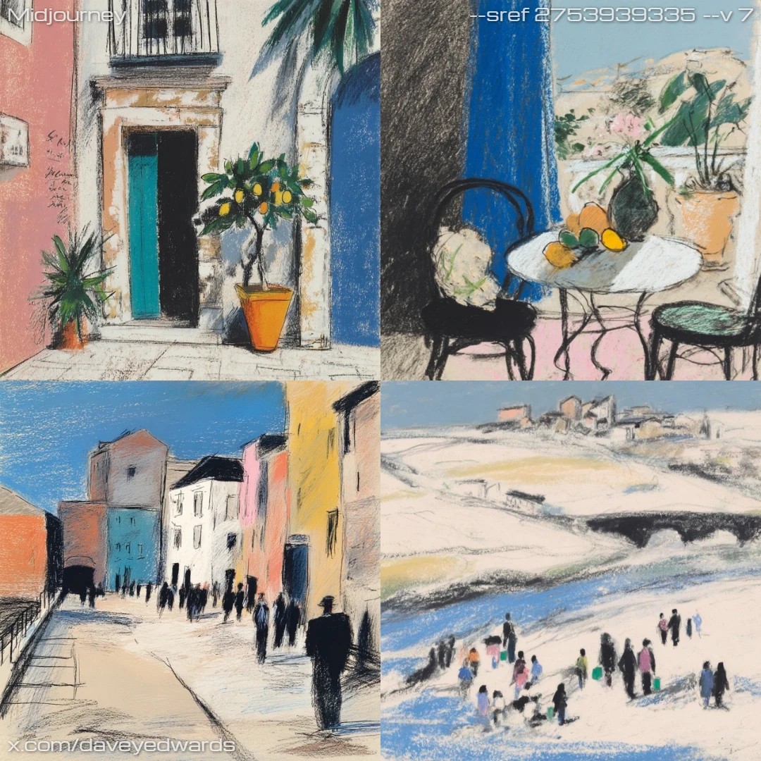 Sketching with a blue dominant, monochromatic style, focusing on urban subjects and architecture.