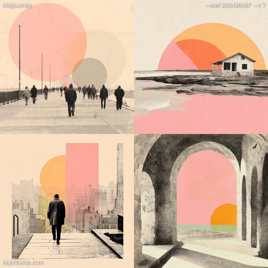 Color-stylized urban art with high contrast, featuring wheat fields and a carrot-colored sky.