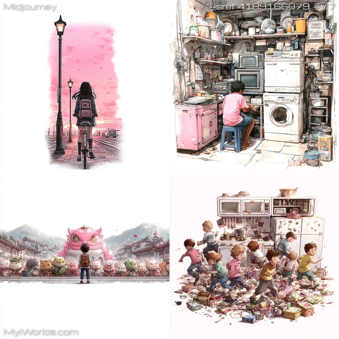 Digital art with a realistic, comic-like style featuring cluttered scenes.