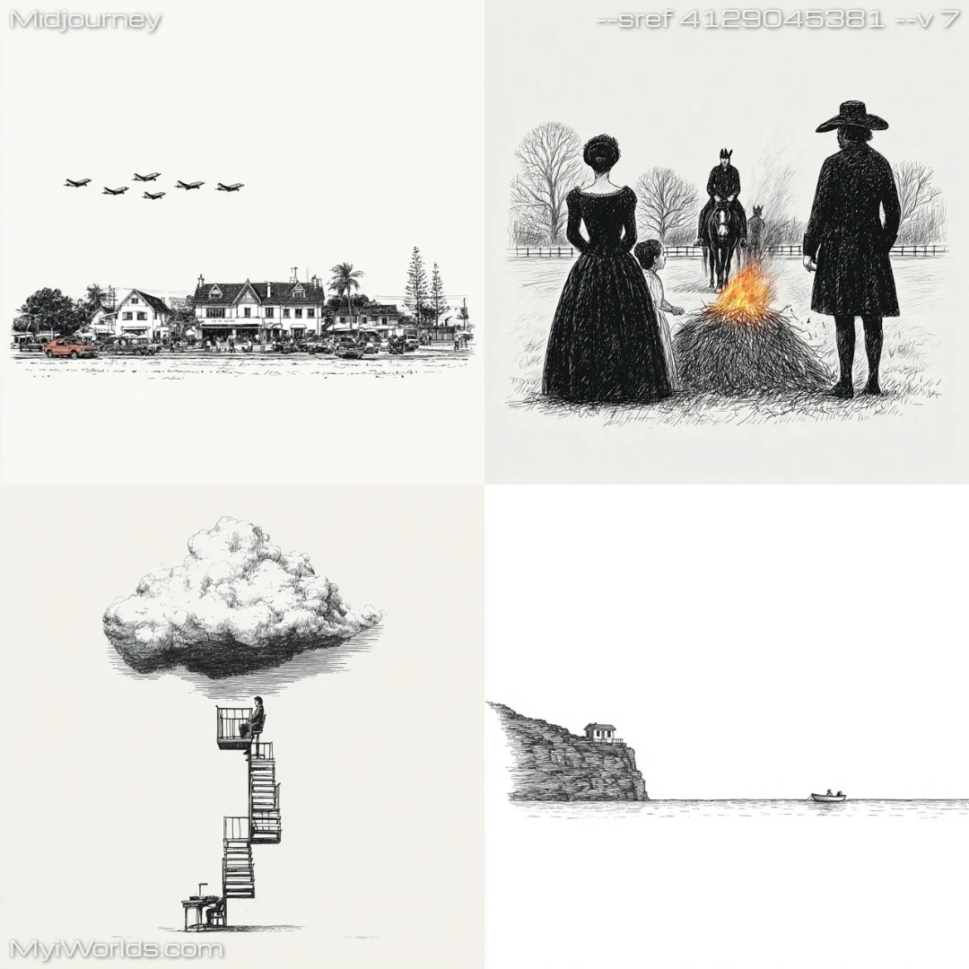 Black-and-white illustration with stylized portraits and a comic book style.
