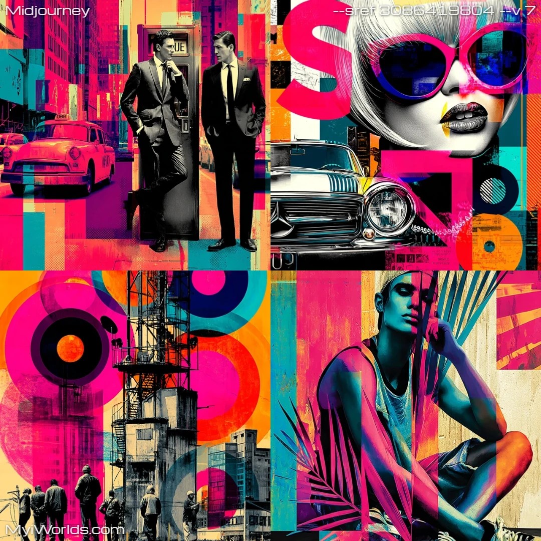 Retro-futuristic stylization with high contrast and a playful, artistic filter effect.
