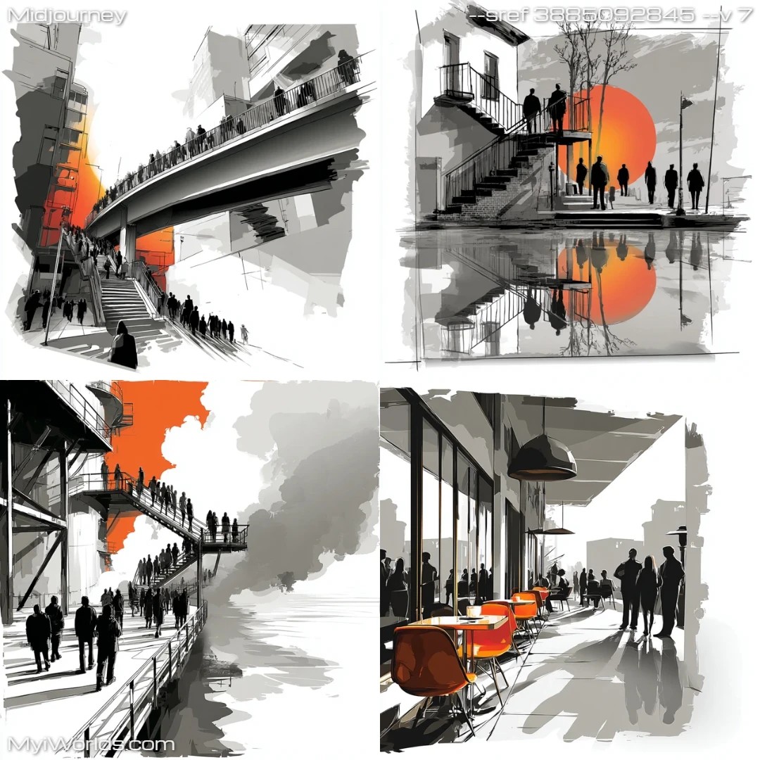 Realistic urban architecture painting with monochromatic color palette and low lighting conditions.