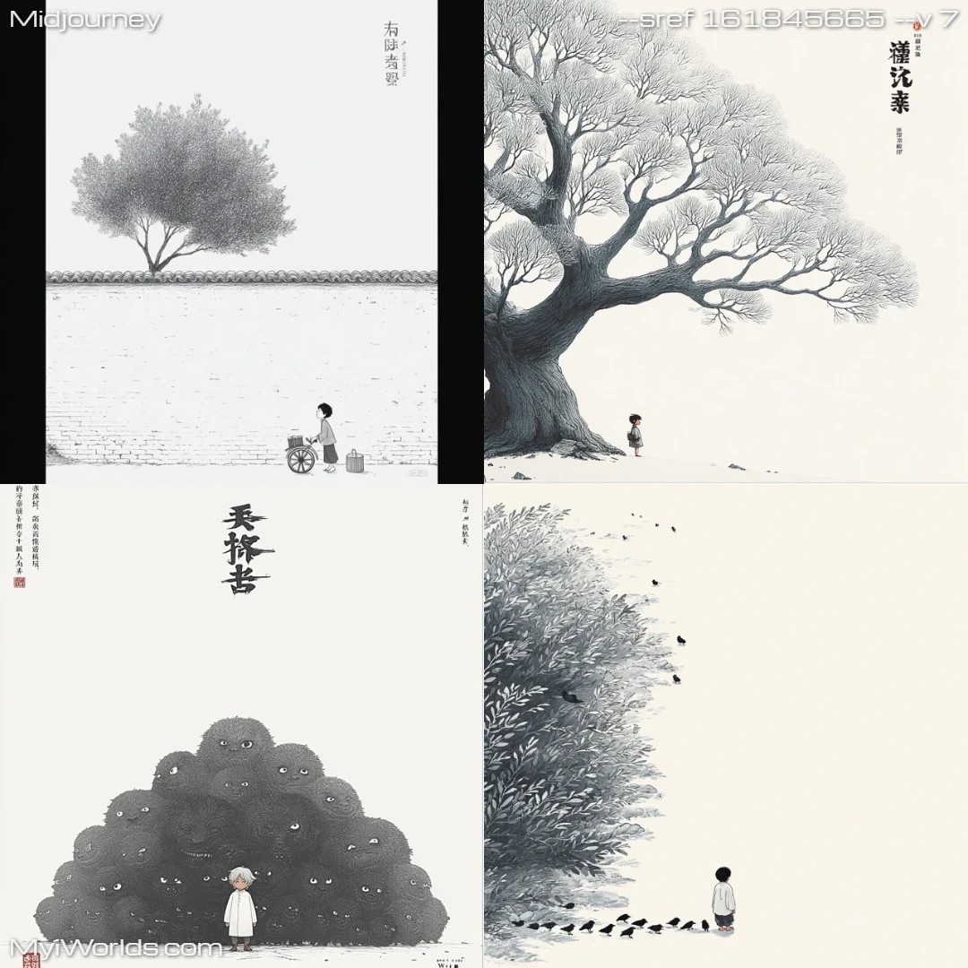 Monochromatic-manga-inspired-art-with-subdued-lighting-and-symbolic-themes.