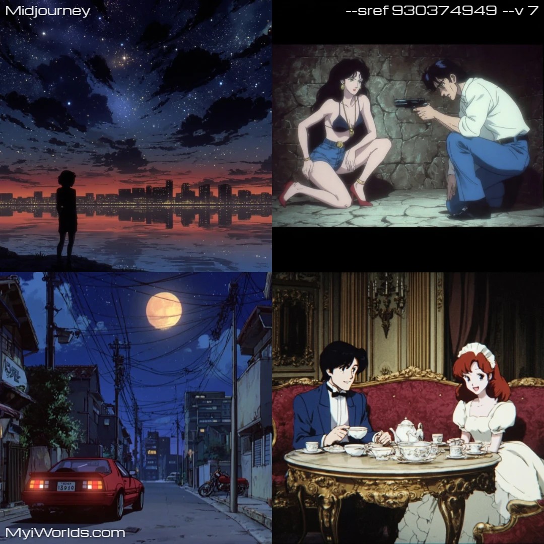 Anime-style with high contrast in night-time scenes.
