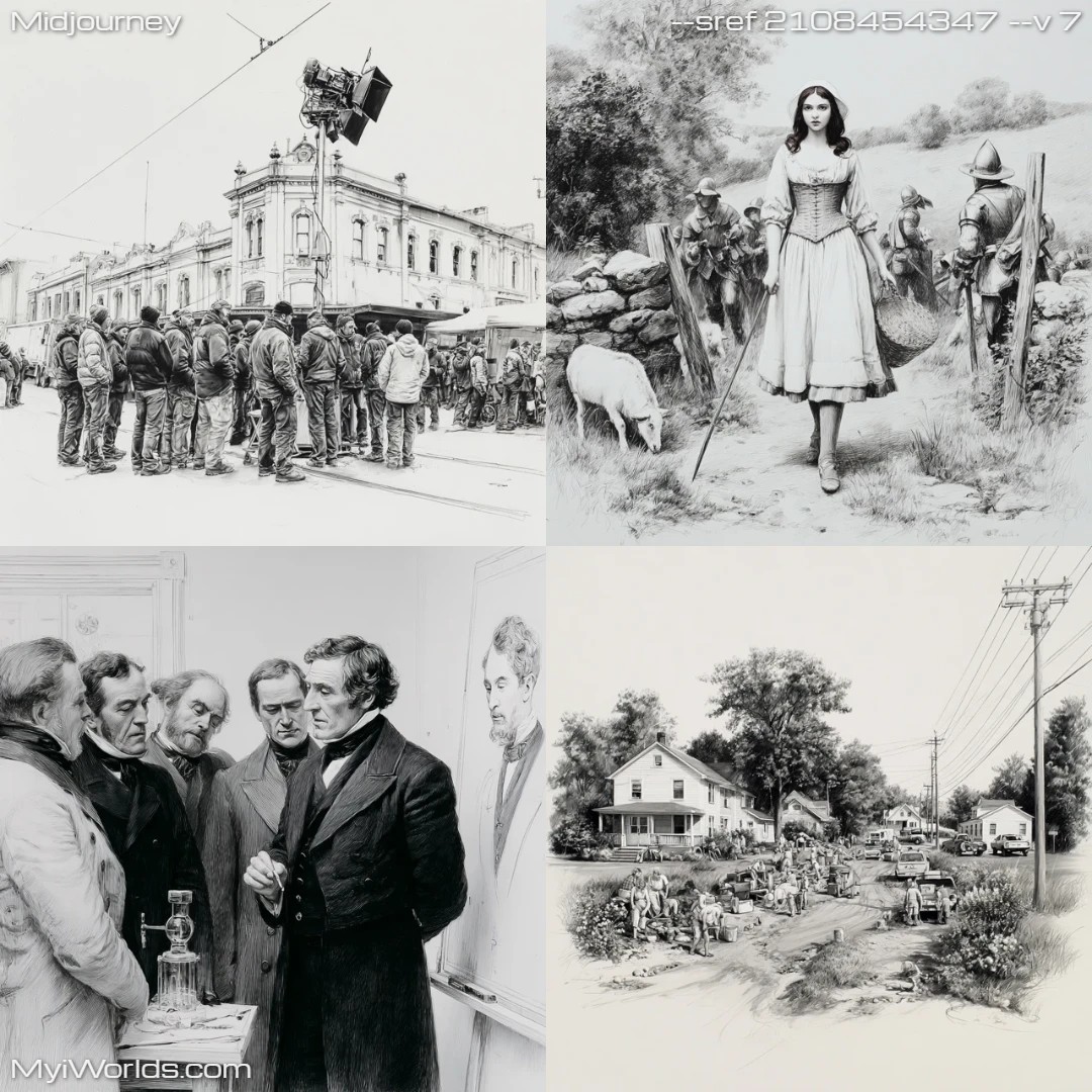 Realistic, historical-themed artwork in monochrome color palette.