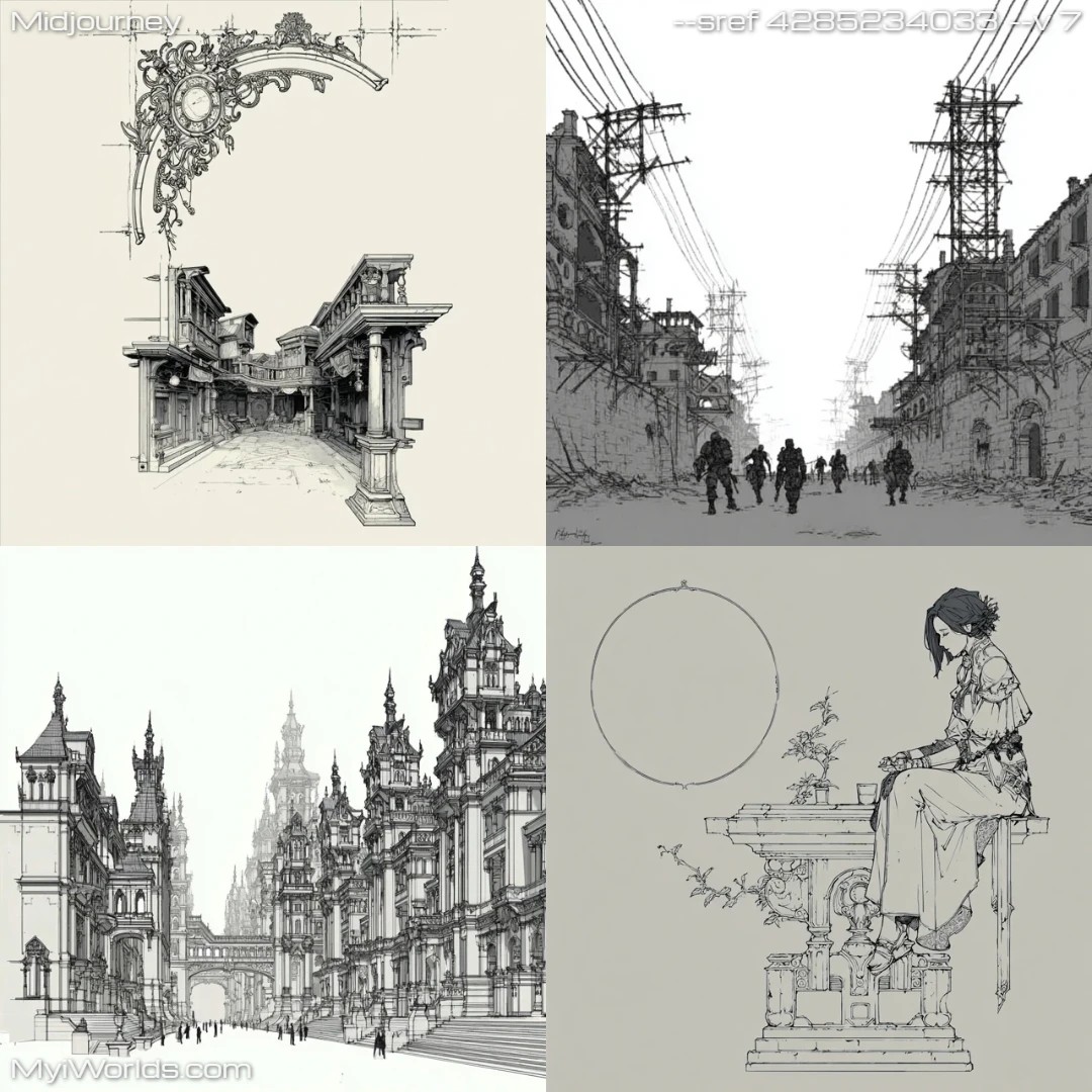 Sketch-like, monochrome urban street scene with architectural details.