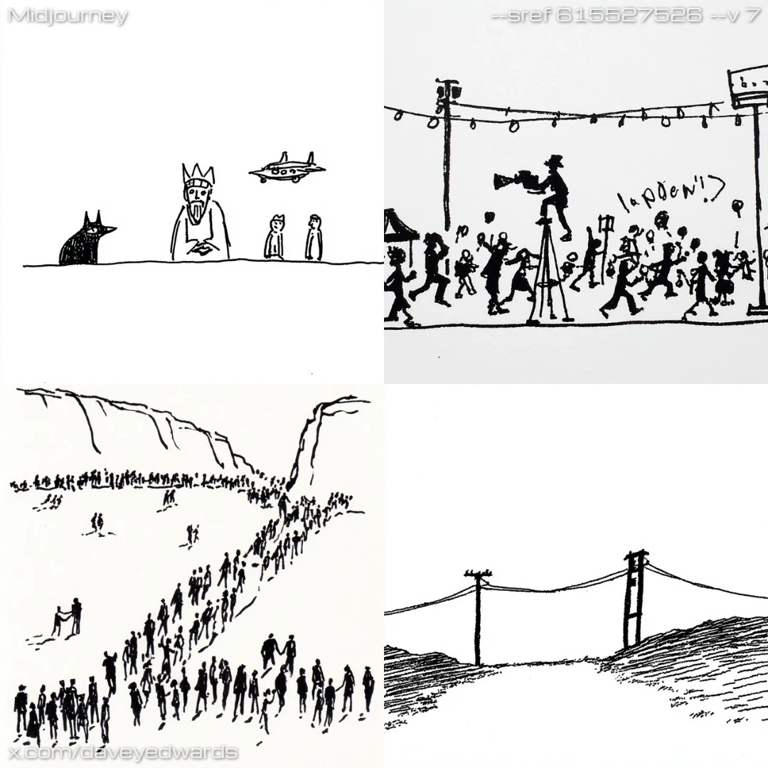 Monochromatic comic style with textured, linear perspective.
