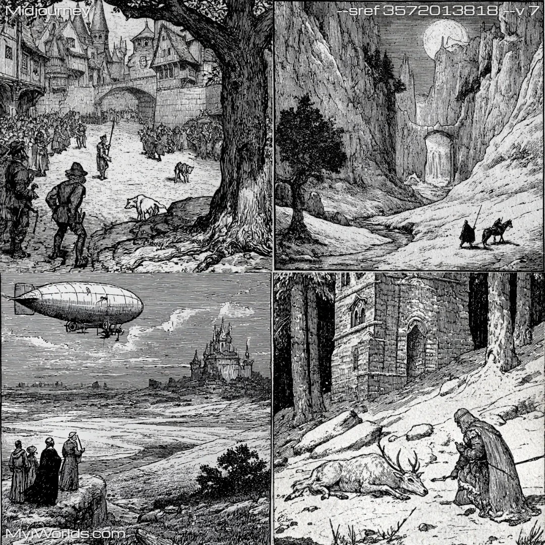Black and white pencil drawing with detailed shading in a narrative style.