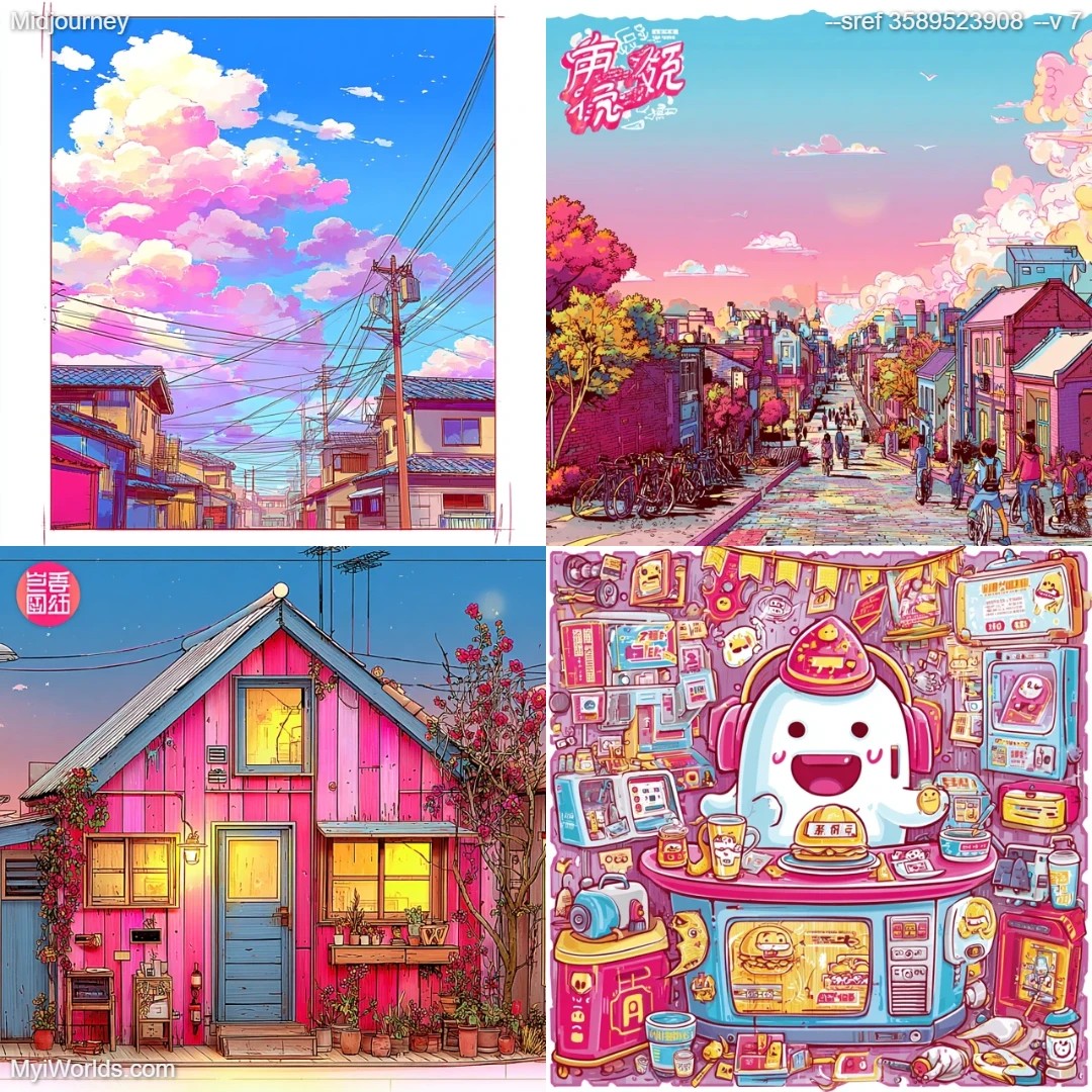 Animated style with stylized texture and cute, cartoonish elements in a comic-like fashion.