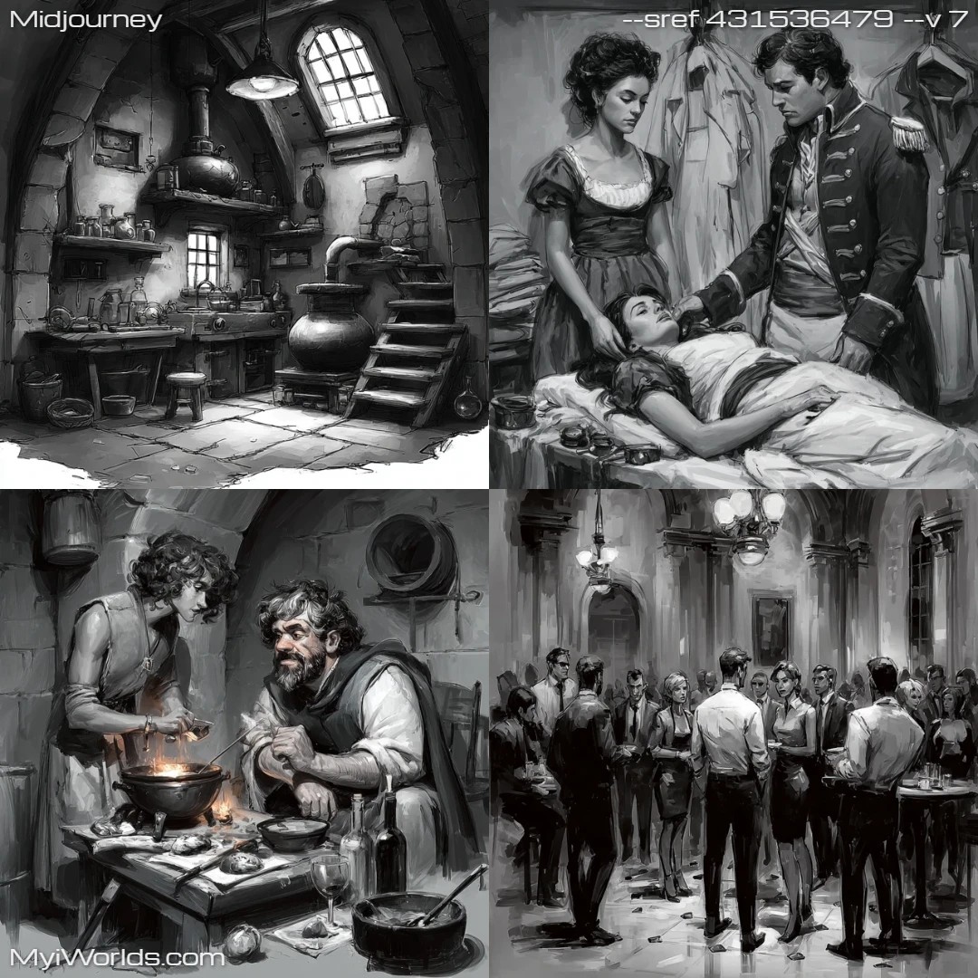 Realistic artwork with a dark, moody ambiance set in a period-styled room.