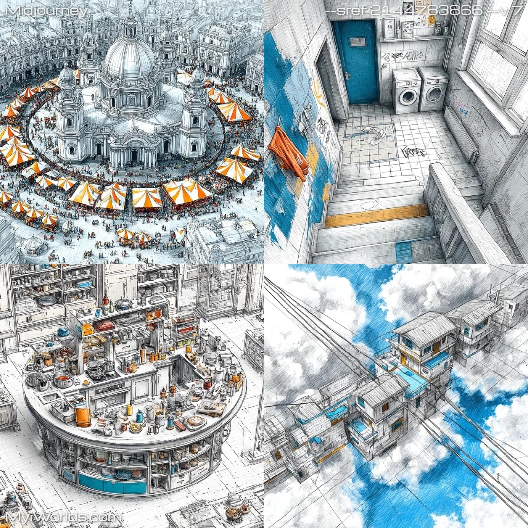 Digital art with a cartoonish style, featuring circular composition in an urban landscape.