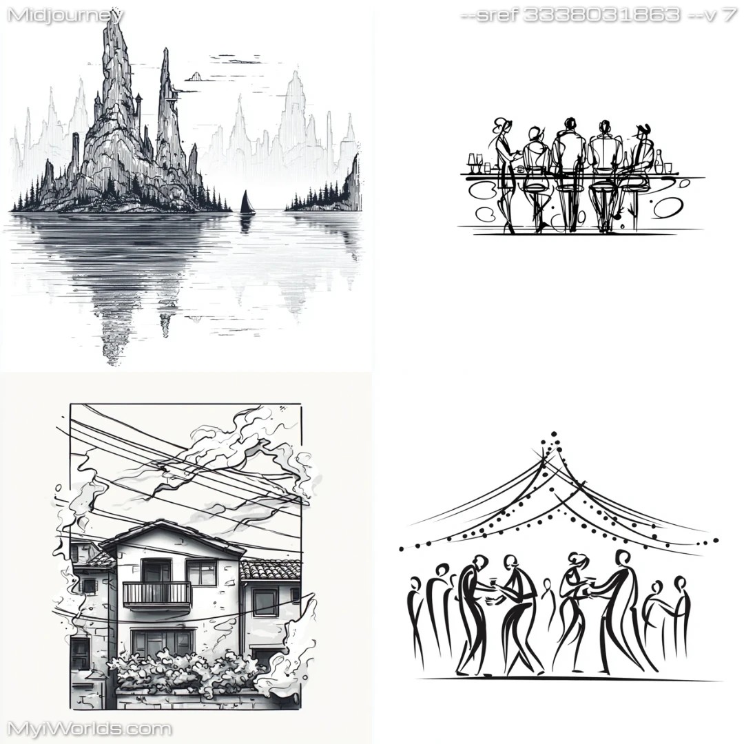 Line art in a stylized, comic book style with black and white color scheme.