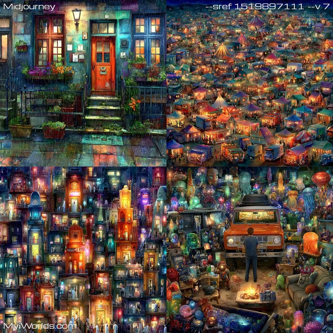 Dark-toned overcrowded urban scene with detailed textures and composition.