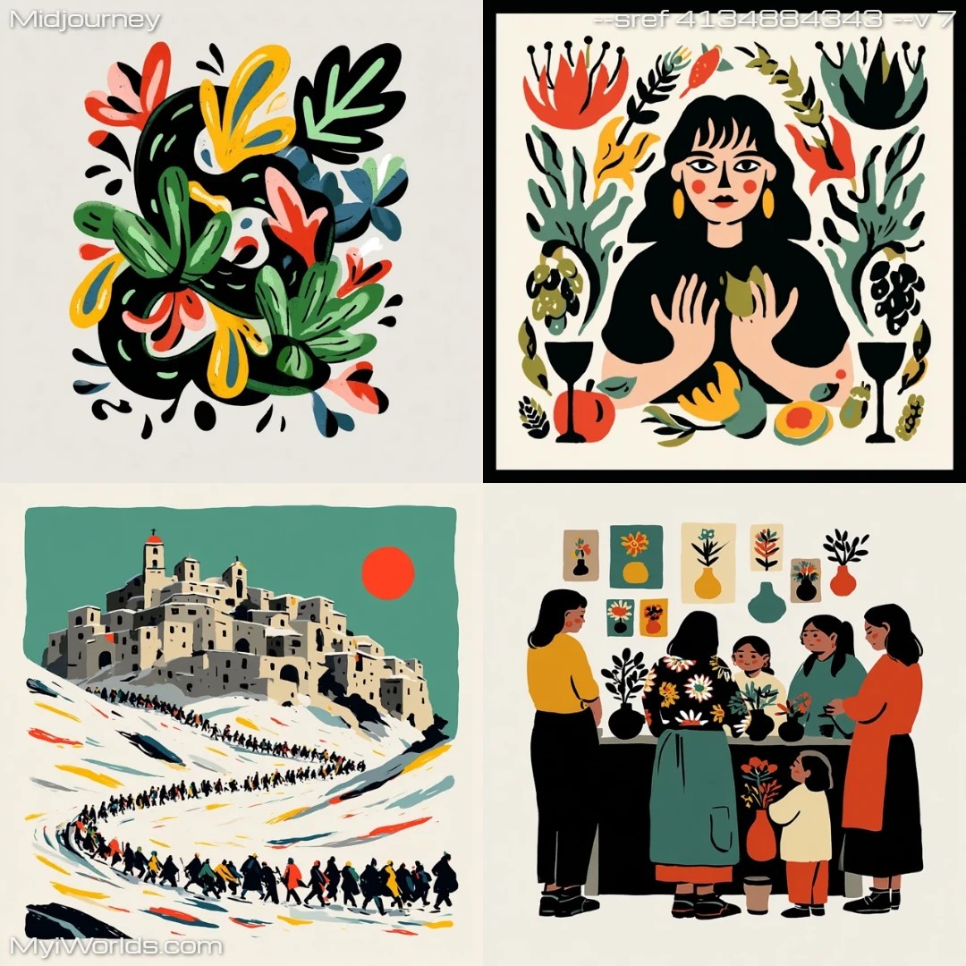 Stylized graphic art with a monochromatic line and color scheme, including dominant colors Gainsboro, Black, Pomegranate, and Cadet Blue.
