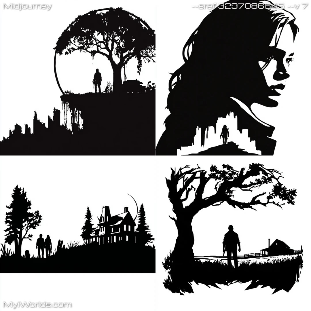 Minimalist black-and-white silhouette with a forest setting.
