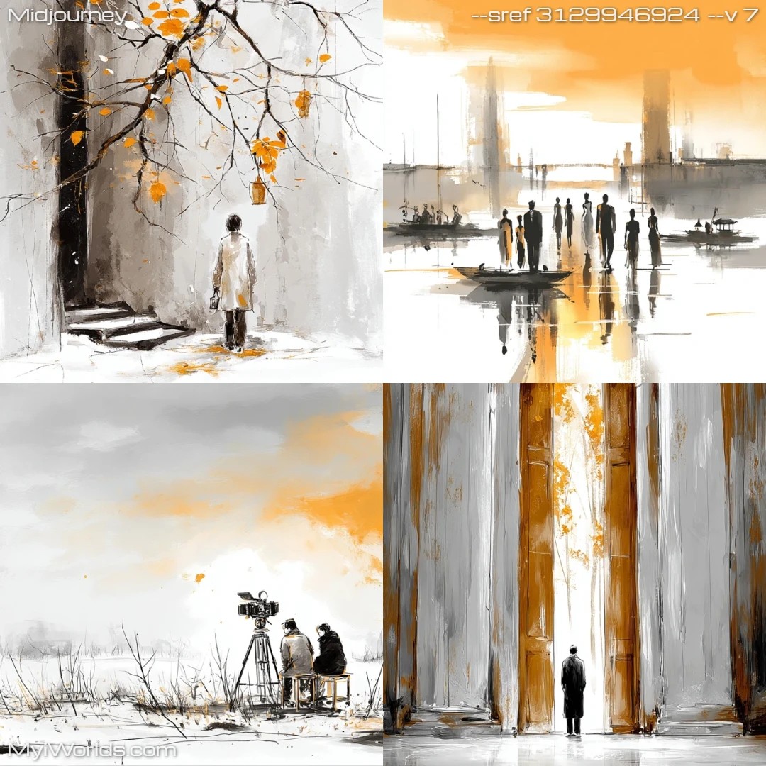 Surreal, monochromatic narrative art.