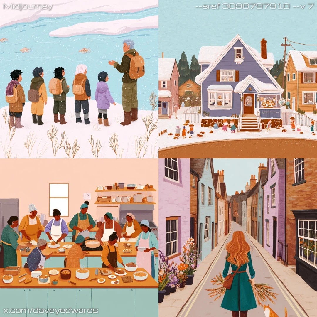 Watercolor-like painting with soft focus and pastel tones, evoking a warm and cozy atmosphere.