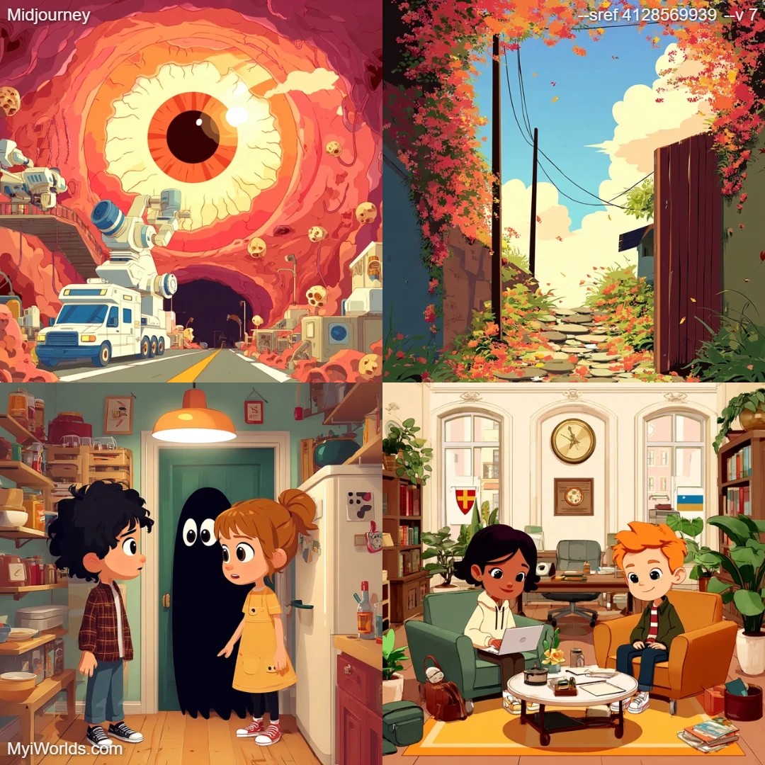 Cartoonish with flat coloring, employing simple lines and a childlike presentation.
