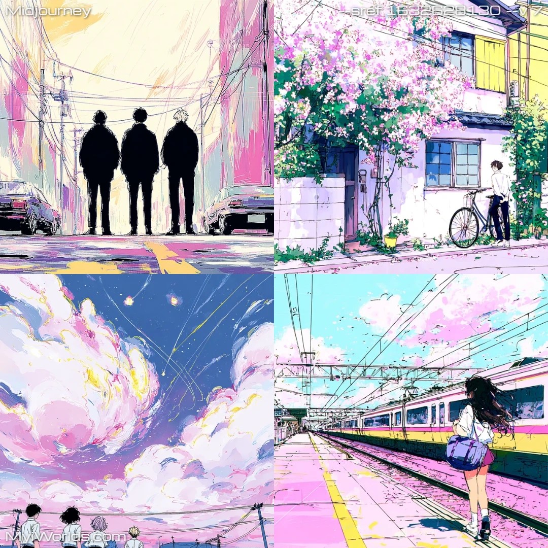 Cartoon anime style with soft, pastel lighting and vibrant colors.