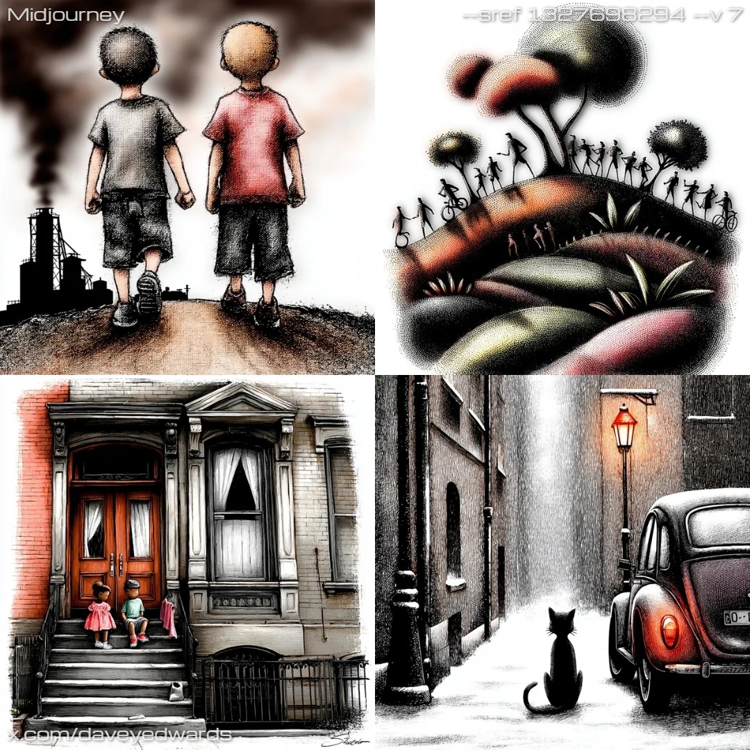 Black-and-white line art with dramatic contrast and detailed textures.