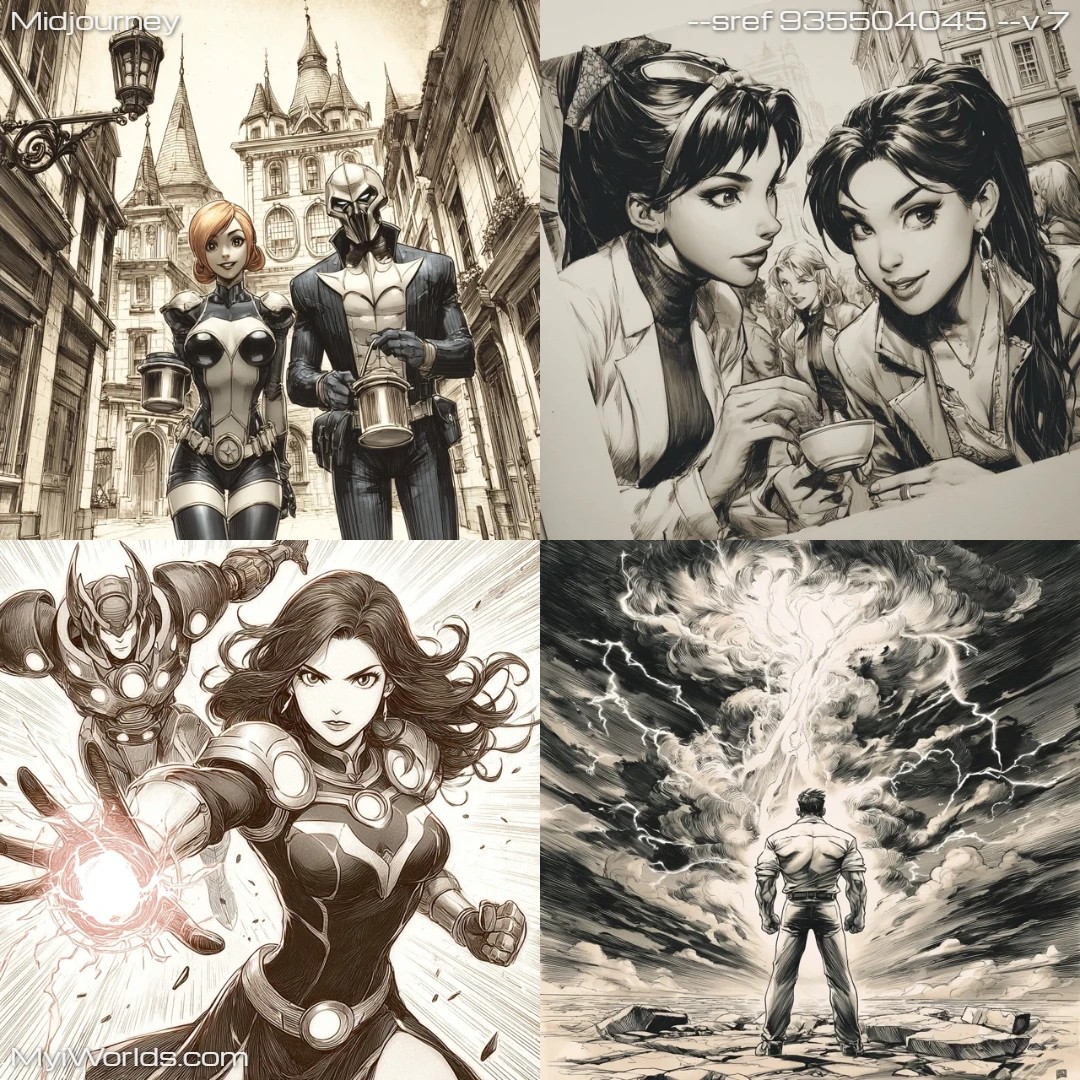 Comic art with detailed linework, realistic shading, and dynamic action poses.