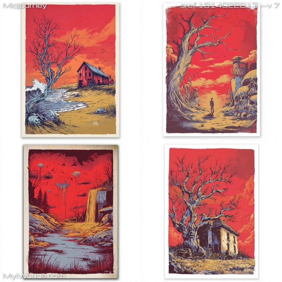 Muted watercolor painting depicting a rural landscape with minimalistic elements.