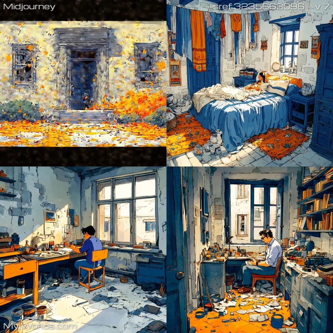 Photorealistic with high contrast and a cluttered composition.