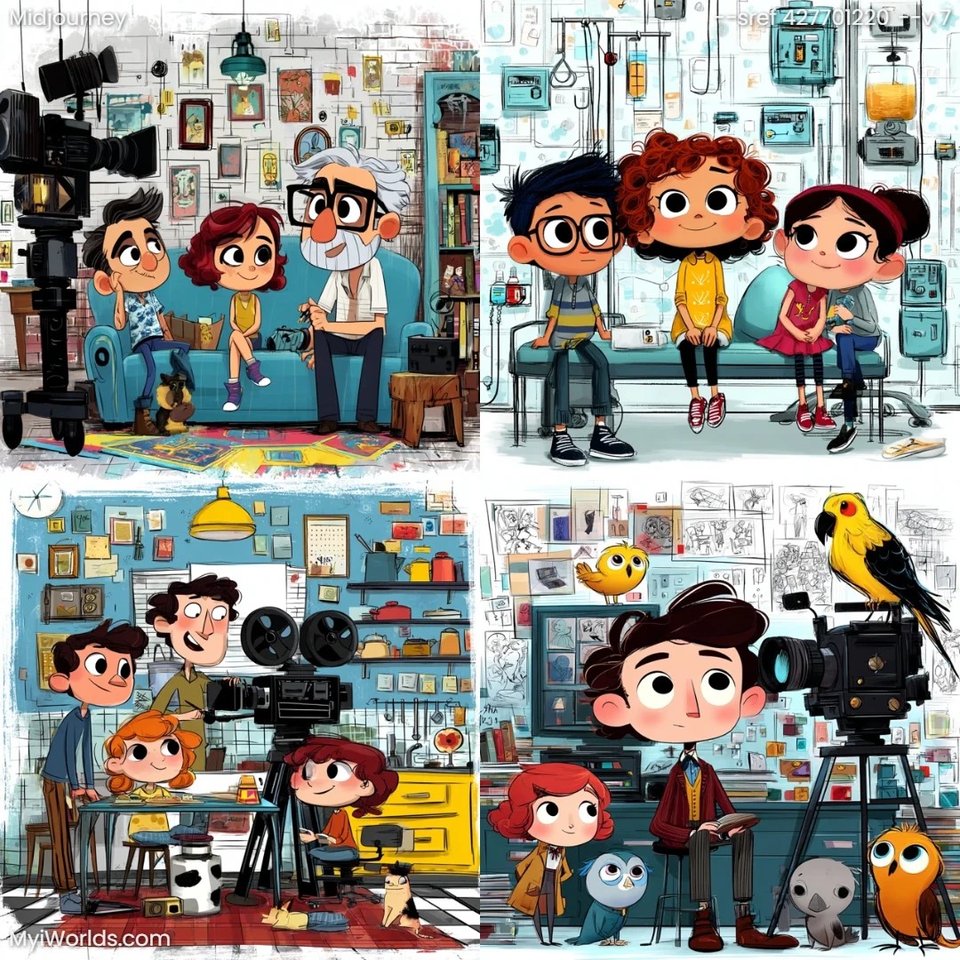 Cartoonish-animation-with-vibrant-colors,-depicting-a-family-in-an-animated-film.
