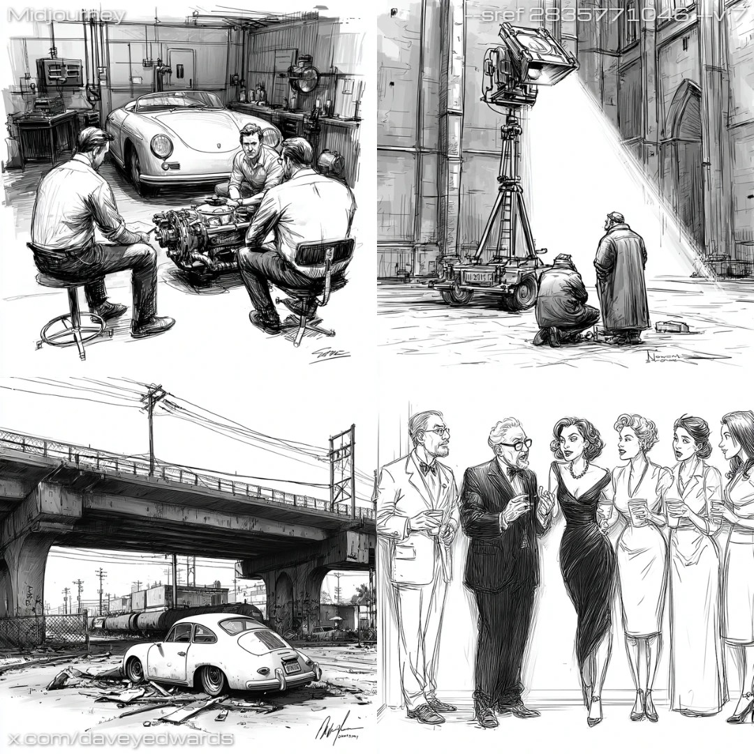 Illustrative graphic novel panel with dramatic industrial lighting, depicting characters in a scene.