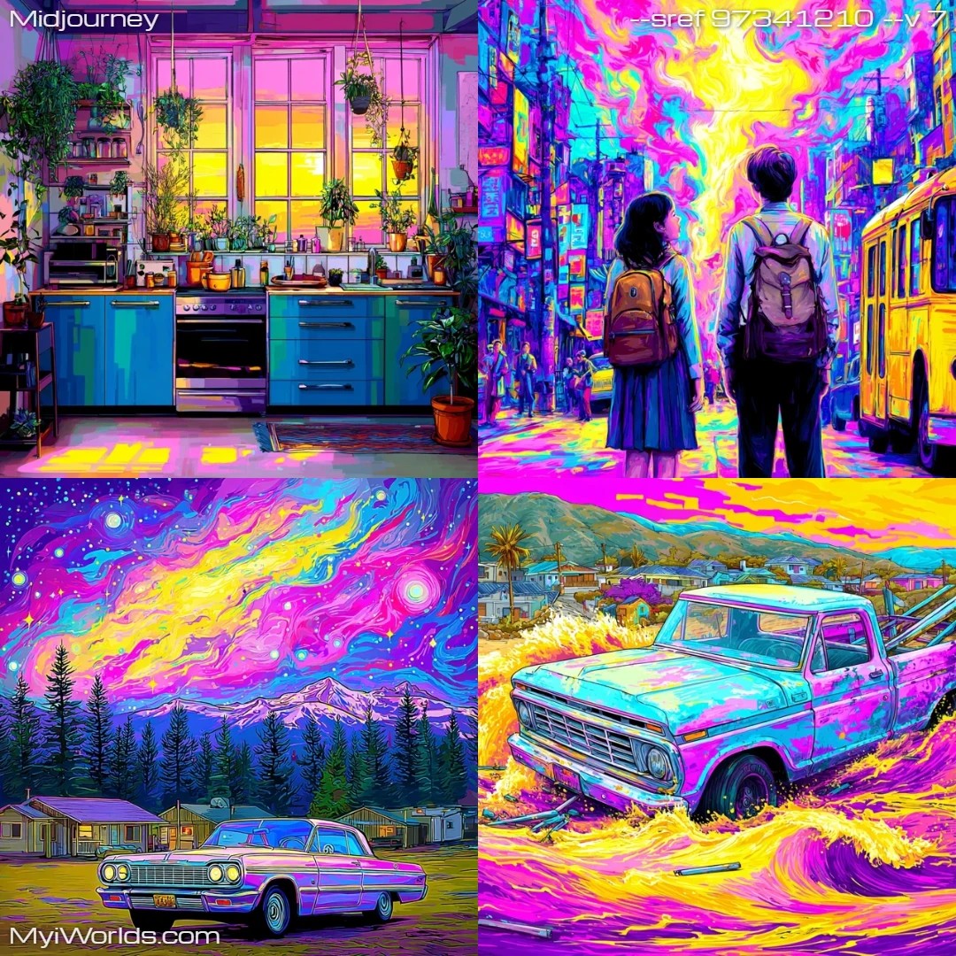 Surrealism with dreamlike, colorful elements, creating a futuristic atmosphere.