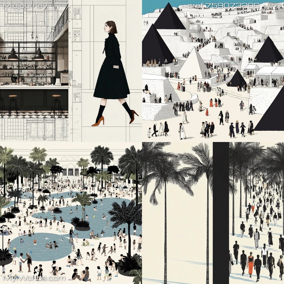 Digital art with black-and-white architecture, rendered in a realistic linear perspective.