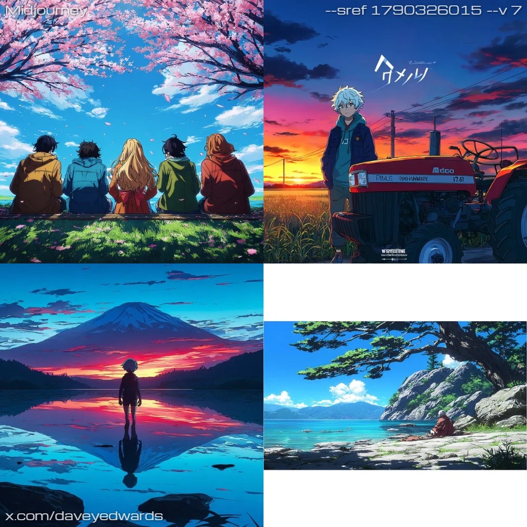 Anime landscape with sunset lighting.