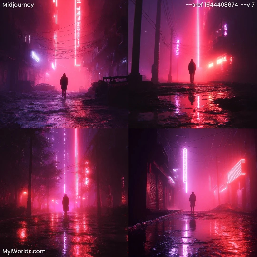 Neon-lit-urban-landscape-in-a-monochromatic-color-palette,-featuring-rain-soaked-streets.